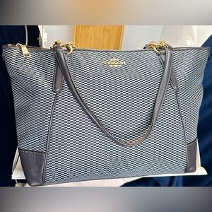 COACH Navy Royal Blue Checkered City Zip Carryall Shoulder Tote Bag Leather Trim